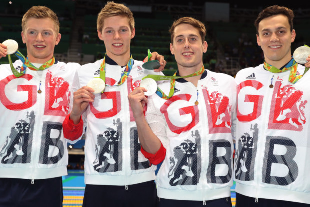 BRITISH RECORD The Great Britain team featuring Chris Walker Hebborn, celebrate with their silver medals after finishing second in the Men's 4 x 100m Medley Relay Final at the Olympic Aquatics Stadium on the eighth day of the Rio Oly