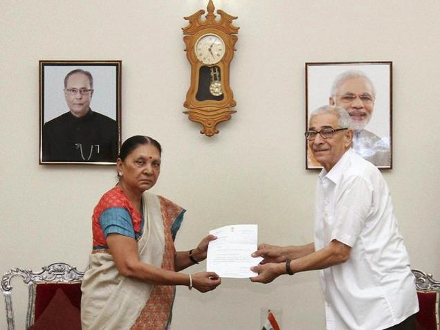 Gujarat Chief Minister Anandiben Patel submits her resignation to Governor O.P. Kohli at the Raj Bhavan in Gandhinagar on Wednesday