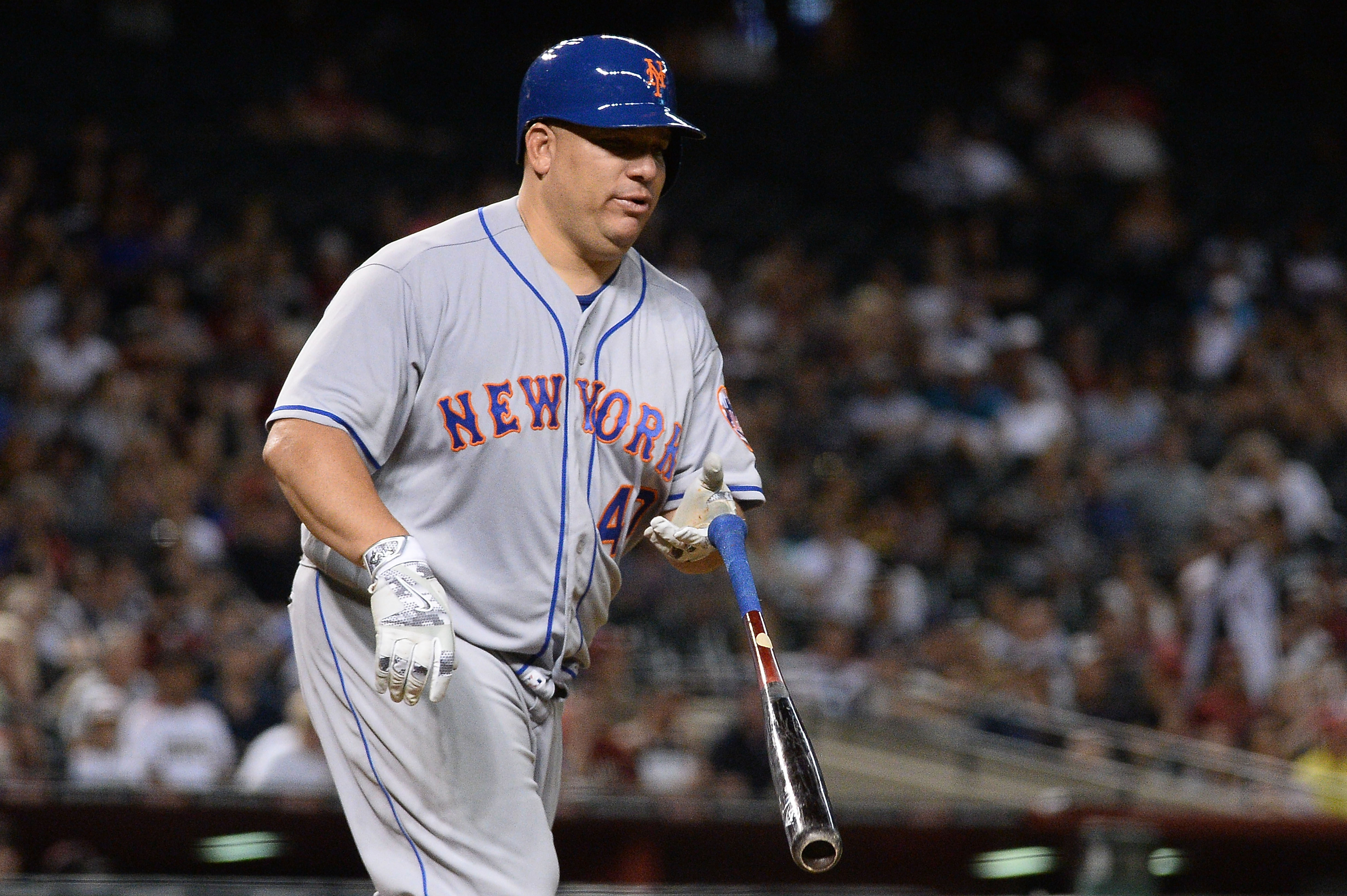 PHOENIX AZ- AUGUST 15 Bartolo Colon #40 of the New York Mets is walked in the fourth inning by Robbie Ray #38 of the Arizona Diamondbacks at Chase Field