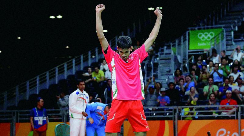 Kidambi Srikanth celebrates his 21-6. 21-8 victory over Sweden’s Henri Hurskainen in their men’s singles badminton match in Rio de Janeiro on Sunday