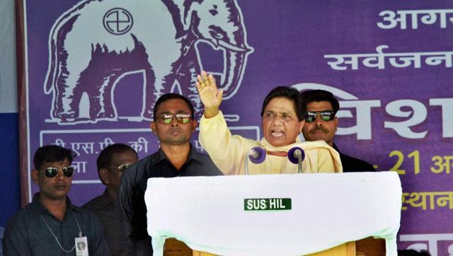 Bahujan Samaj Party chief Mayawati addresses a rally in Agra on Sunday