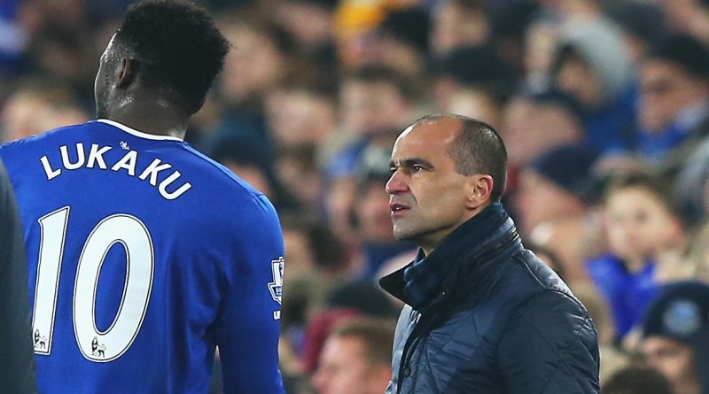 LIVERPOOL ENGLAND- JANUARY 06 Roberto Martinez manager of Everton shakes hands with Romelu Lukaku of Everton as he leaves the field during the Capital One Cup Semi Final First Leg match between Everton and Manchester City at Goodison Park on January 6