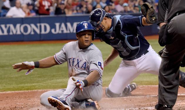 Texas Rangers third baseman Adrian Beltre is tagged out by Tampa Bay Rays catcher Luke Maile during the 6th inning of a baseball game Saturday Aug. 20 2016 in St. Petersburg Fla