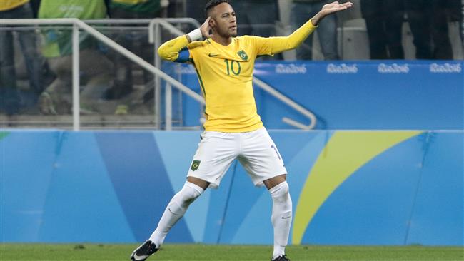 Neymar of Brazil celebrates after scoring against Colombia during their Rio 2016 Olympic Games men's football quarterfinal match Brazil vs Colombia at the Corinthians Arena in Sao Paulo Brazil