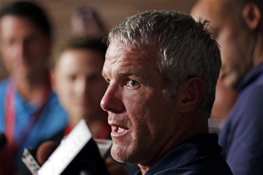 Pro Football Hall of Fame 2016 inductee Brett Favre talks to reporters Friday Aug. 5 2016 in Canton Ohio