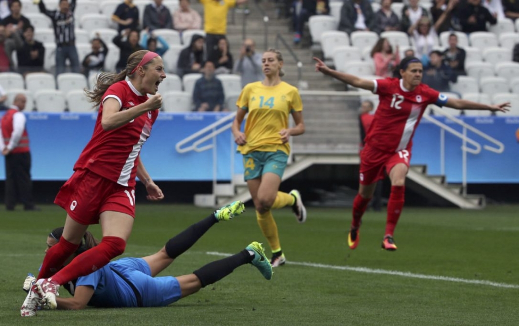 Canada's Janine Beckie celebrates after scoring 20 seconds into the opening women's soccer match against Australia in Sao Paulo on Wednesday. Beckie's goal was a record for the Olympic women’s competition according to FIFA