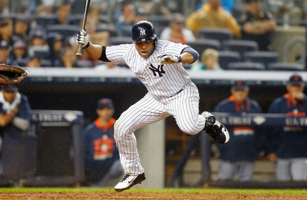 NEW YORK NY- JUNE 20 Carlos Beltran #36 of the New York Yankees reacts after being hit with a pitch in the fifth inning against the Detroit Tigers at Yankee Stadium