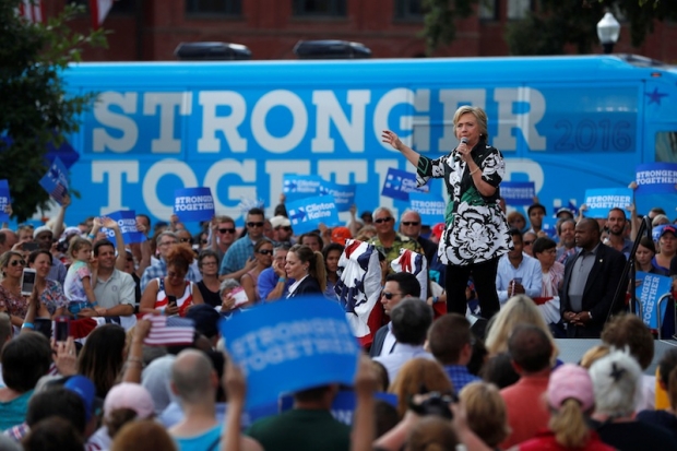 Democratic presidential nominee Hillary Clinton campaigns speaks at Fort Hayes Metropolitan Education Center in Columbus Ohio US