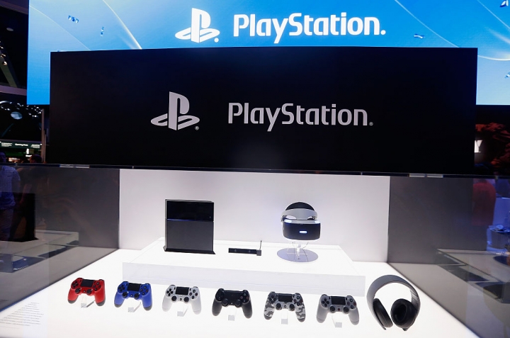 Detail of the Sony'PlayStation 4 and peripherals including the virtual reality 'Project Morpheus.&#039