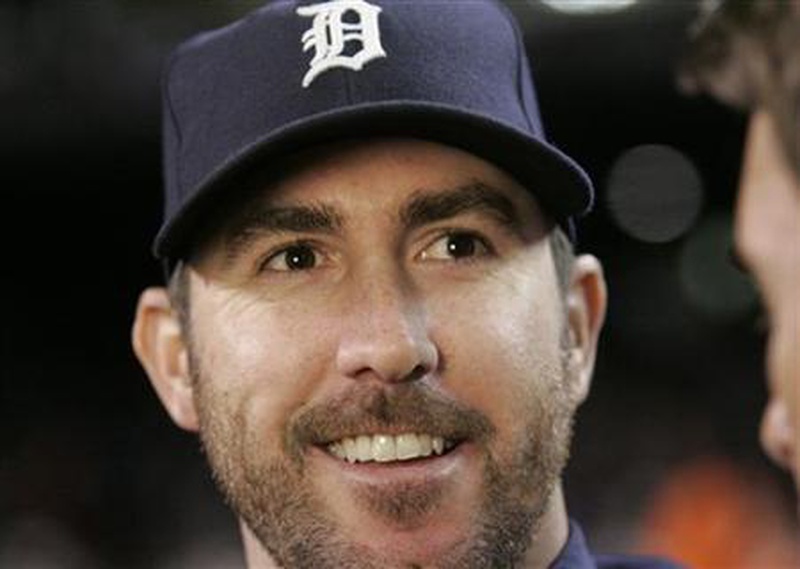 Detroit Tigers starting pitcher Justin Verlander smiles after the Tigers defeated the New York Yankees in Game 3 in their MLB American Leagu