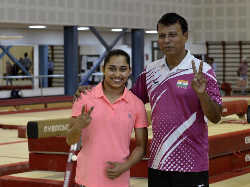 Dipa with her coach Nandi. The 23-year-old hailing from Tripura missed out on an Olympic medal by 0.150 points