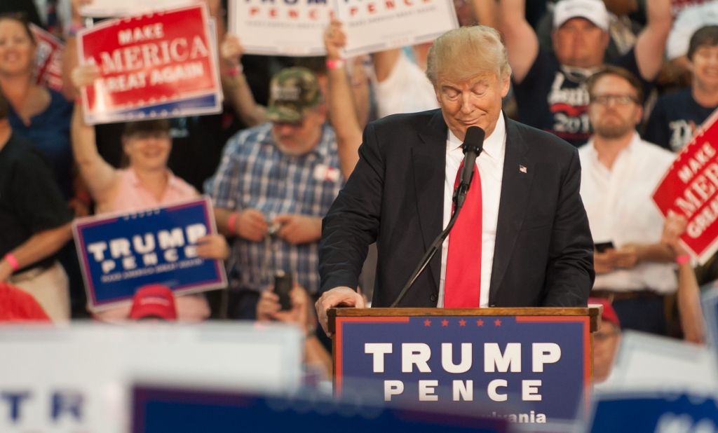 ERIE PA- AUGUST 12 Republican presidential candidate Donald Trump speaks to supporters at a rally at Erie Insurance Arena