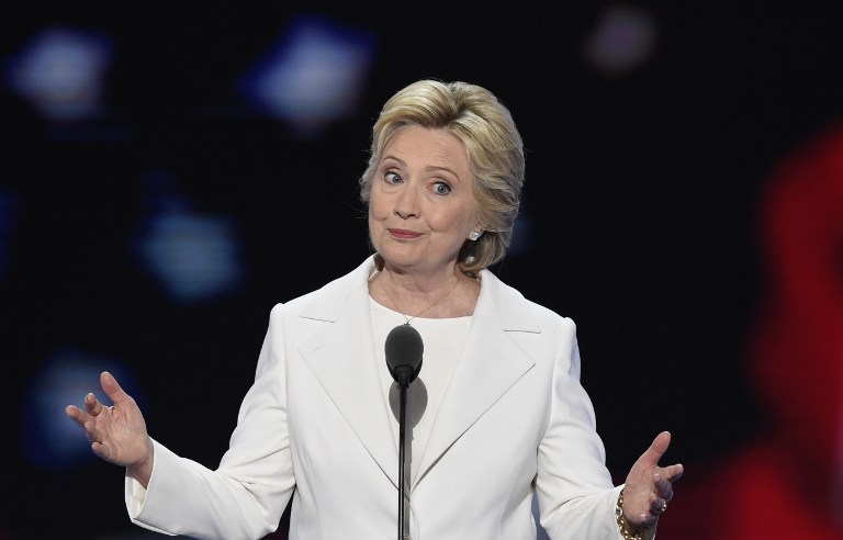 Democratic presidential nominee Hillary Clinton addresses delegates during the fourth and final night of the Democratic National Convention at Wells Fargo Center in Philadelphia Pennsylvania