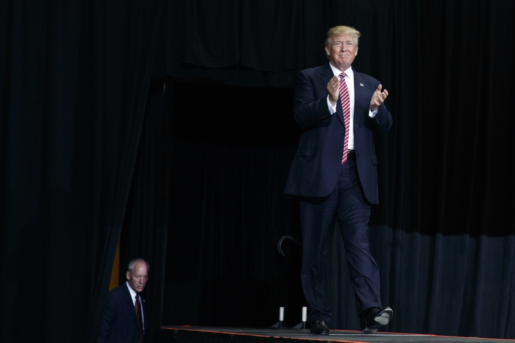 Campaign 2016 Trump-1 Republican presidential candidate Donald Trump arrives for a campaign rally Thursday in Kissimmee Fla