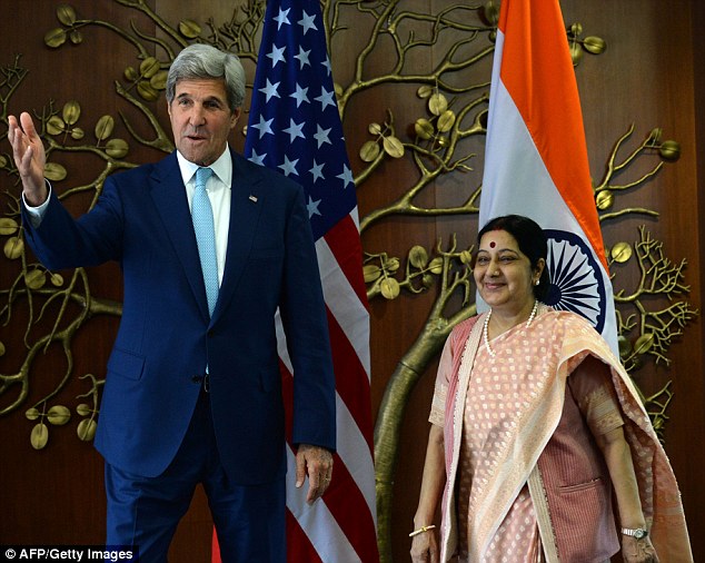 External Affairs Minister Sushma Swaraj welcomes US Secretary of State John F. Kerry prior to their meeting in New Delhi