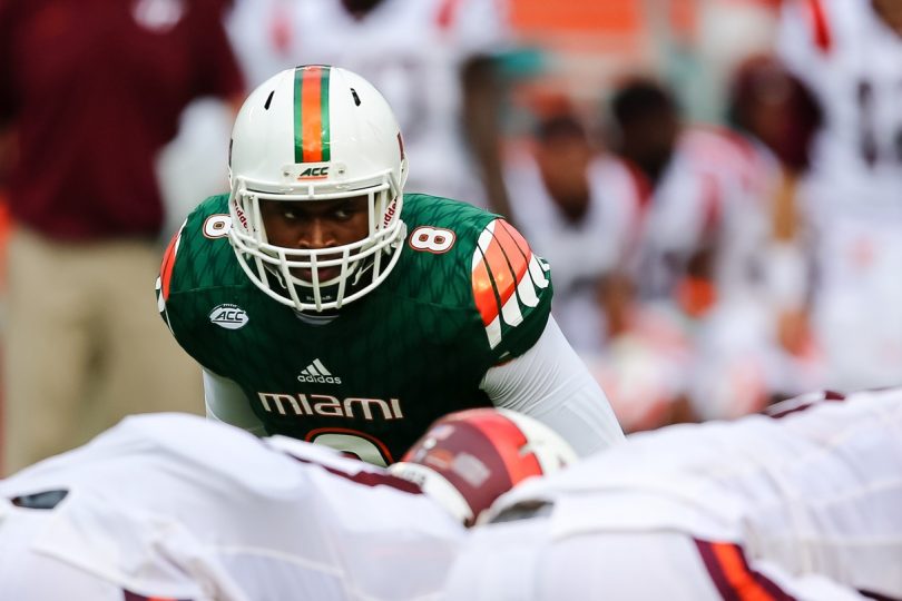 Oct 17 2015 Miami Gardens FL USA Miami Hurricanes defensive lineman Al Quadin Muhammad lines up at the line of scrimmage against Virginia Tech Hokies during the first half at Sun Life Stadium. Miami won 30-20. Mandatory Credit Steve Mitchell-USA