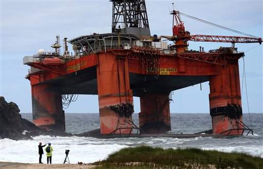 Amazing moment 17000 tonne oil rig is blown ashore by gale force winds