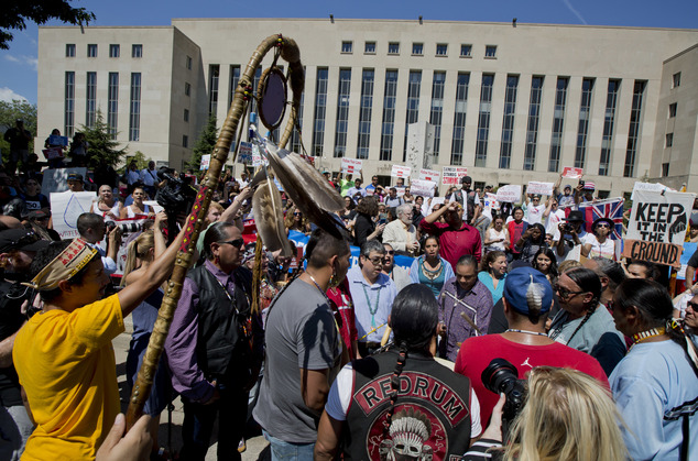 Native Americans from different tribes participate in a rally outside US District Court in Washington Wednesday Aug. 24 2016 in solidarity with the Stand