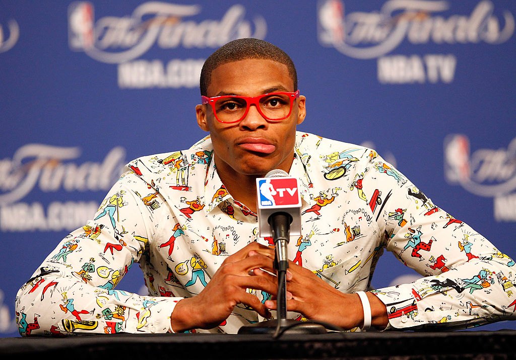 OKLAHOMA CITY OK- JUNE 12 Russell Westbrook #0 of the Oklahoma City Thunder answers questions after the Thunder defeat the Miami Heat 105-94 in Game One of the 2012 NBA Finals at Chesapeake Energy Arena