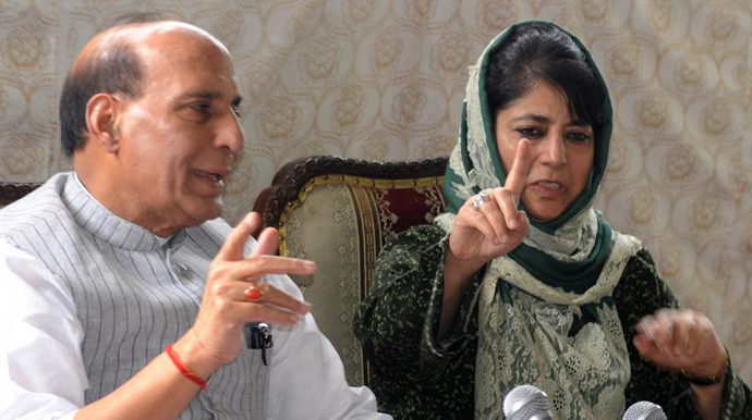 J&K chief minister Mehbooba Mufti with Union home minister Rajnath Singh at a press conference on August 25