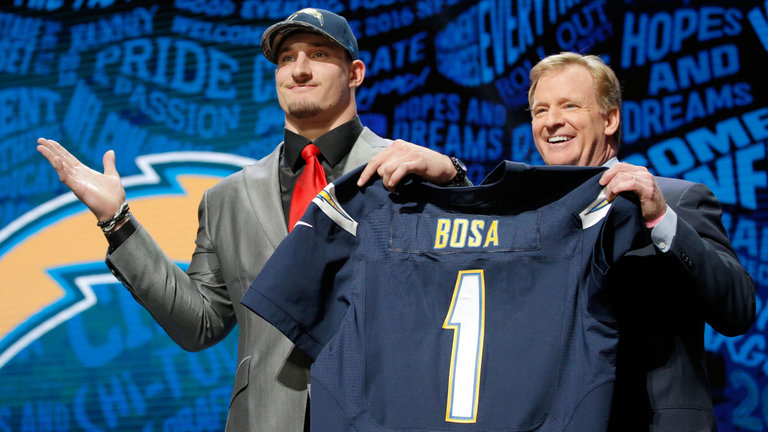 Joey Bosa with NFL commissioner Roger Goodell after being selected by the Chargers