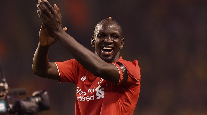 LIVERPOOL ENGLAND- APRIL 14  Mamadou Sakho of Liverpool shows his appreciation to the fans at the end of during the UEFA Europa League Quarter Final Second Leg match between Liverpool and Borussia Dortmund at Anfie