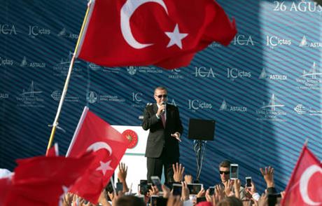 Turkish President Recep Tayyip Erdogan speaks during the inauguration of the Yavuz Sultan Selim Bridge the third bridge over the Bosporus in Istanbul Friday Aug. 26 2016