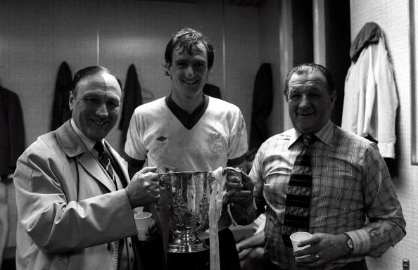 League Cup Final Replay Villa Park Liverpool 2 v West Ham United1 1st April 1981 Liverpool's L-R Chairman John Smith captain Phil Thompson and Manager Bob Paisley celebrate with the trophy after the game