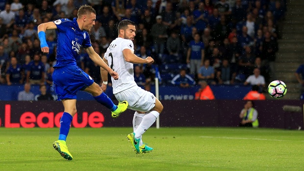 Leicester City's Jamie Vardy left scores his side's first goal of the game during their Premier League soccer match against Swansea City at the King Power Stadium Leicester England Saturday Aug. 27 2016