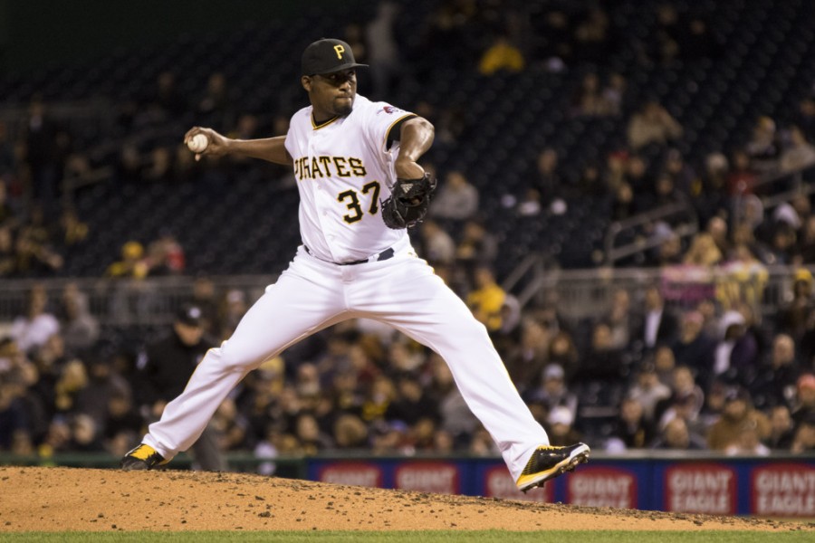 13 April 2016 Pittsburgh Pirates Pitcher Arquimedes Caminero during the game between the Detroit Tigers and the Pittsburgh Pirates at PNC Park in Pittsburgh Pa