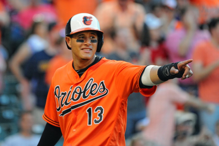 09 July 2016 Baltimore Orioles shortstop Manny Machado smiles after scoring the winning run against the Los Angeles Angels at Orioles Park at Camden Yards in Baltimore MD. where the Baltimore Orioles defeated the Los Angeles Angels 3-2