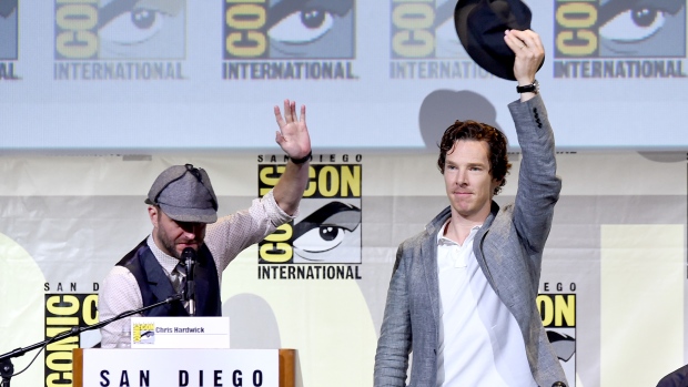 Moderator Chris Hardwick and actor Benedict Cumberbatch attend a panel during Comic Con International 2016