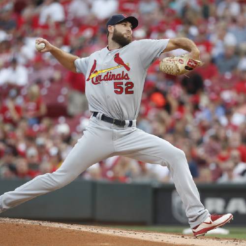 Cardinals starting pitcher Michael Wacha throws during the first inning of a baseball game against the Cincinnati Reds Wednesday Aug. 3 2016 in Cincinnati