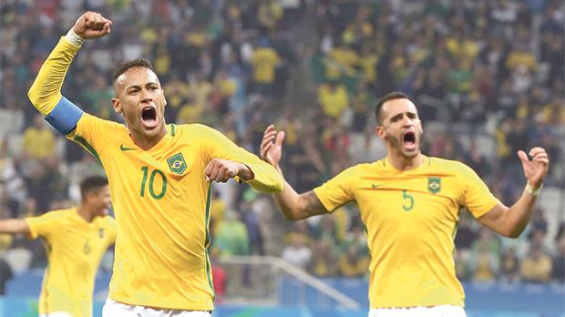 Neymar celebrates after putting Brazil ahead against Colombia in the quarter-finals