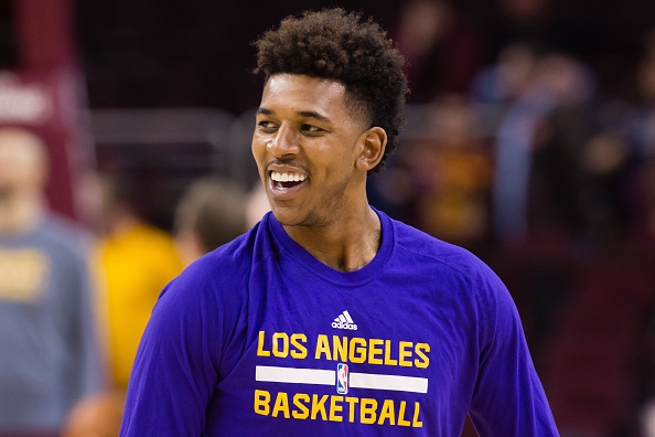 Nick Young warms up prior to the game against the Cleveland Cavaliers at Quicken Loans Arena