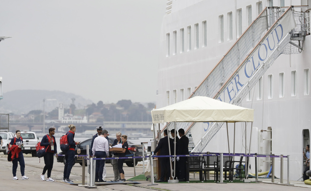 Members of the United States women's basketball team board the Silver Cloud cruise ship upon arriving for the 2016 Summer Olympics in Rio de Janeiro Brazil