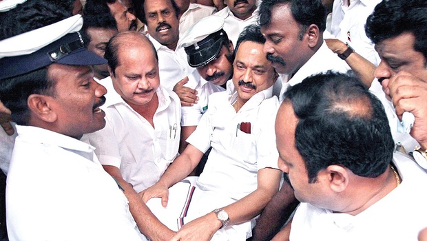 Marshals evicting Leader of Opposition MK Stalin from the State Assembly on Wednesday | P Jawahar