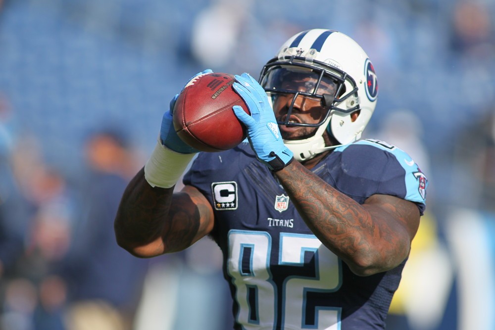 06 December 2015 Tennessee Titans Tight End Delanie Walker during pregame before the NFL football game between the Jacksonville Jaguars and the Tennessee Titans at Nissan Stadium in Nashville Tn