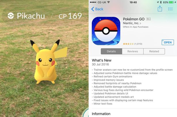 Pikachu caught in Wythenshawe Park and the Pokemon iPhone app install screen