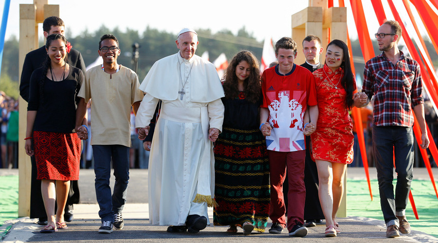 Pope Francis walks through Holy Door with youth at the Campus Misericordiae during World Youth Day in Brzegi near Krakow Poland