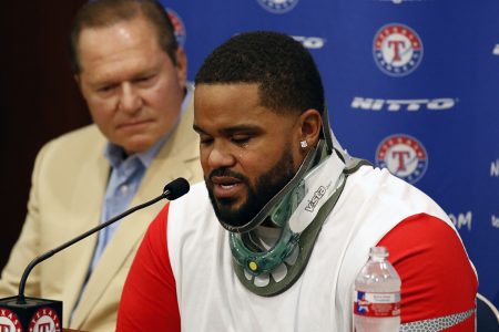 Aug 10 2016 Arlington TX USA Texas Ranger Prince Fielder announces the end of his 12-year playing career after his second neck surgery in 27 months at Globe Life Park in Arlington. Mandatory Credit Ray Carlin-USA TODAY Sports