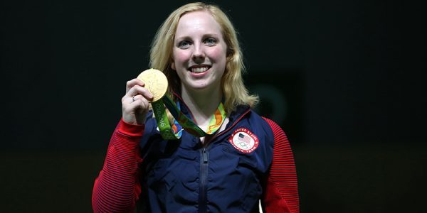 Virginia Thrasher holds her gold medal at the 2016 Rio Olympics