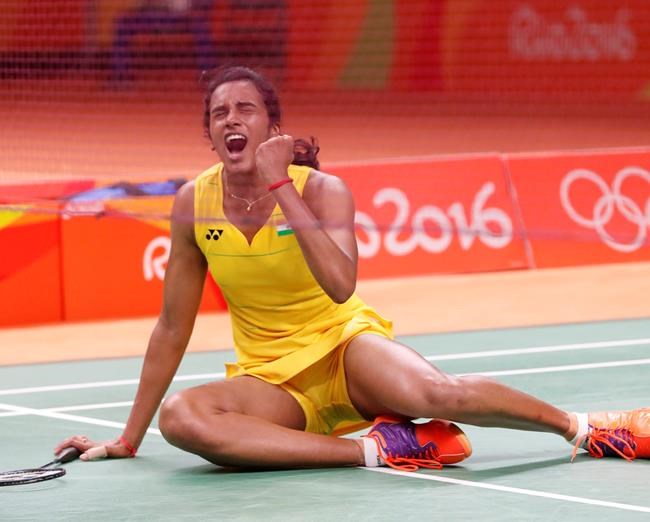 India's Sindhu Pusarla reacts after winning China's Wang Yihan during the Women's Singles Quarterfinal at the 2016 Summer Olympics in Rio de Janeiro Brazil Tuesday Aug. 16 2016