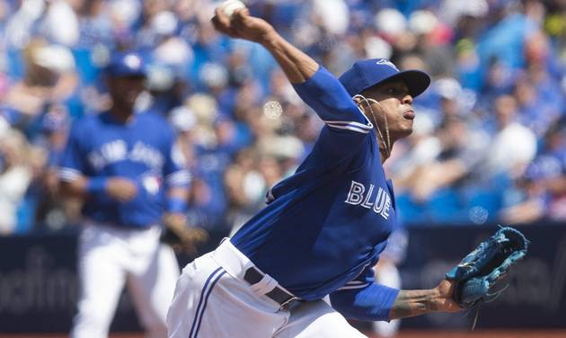 Toronto Blue Jays starting pitcher Marcus Stroman works against the Minnesota Twins during the first inning of a baseball game in Toronto Saturday Aug. 27 2016 2016