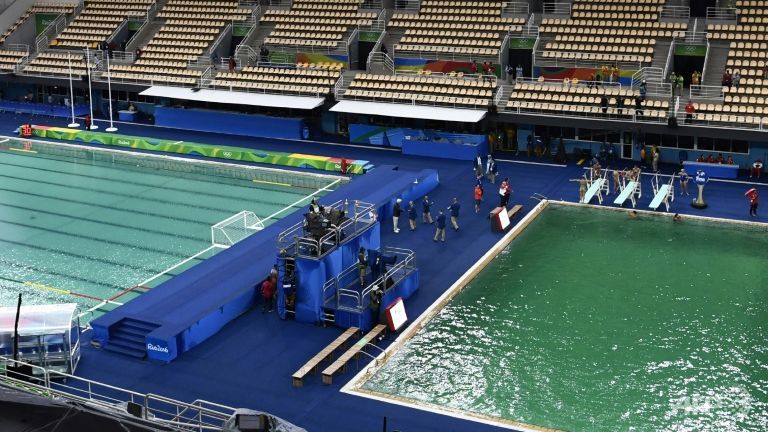 The Maria Lenk Aquatics Stadium in Rio de Janeiro where the water polo pool and the diving pool have turned green AFP  Christophe Simon