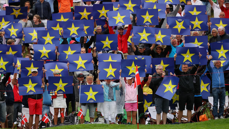 The fans on Himmerland Hill normally hold up Danish flags but the Go Europe placards greeted Darren Clarke