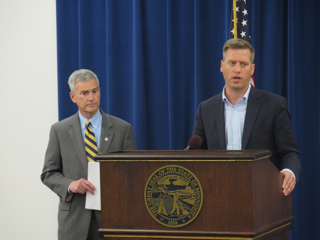 Senate Minority Leader David Hann left and House Speaker Kurt Daudt right answered questions during an Aug. 18 news conference. Tim Pugmire|MPR News