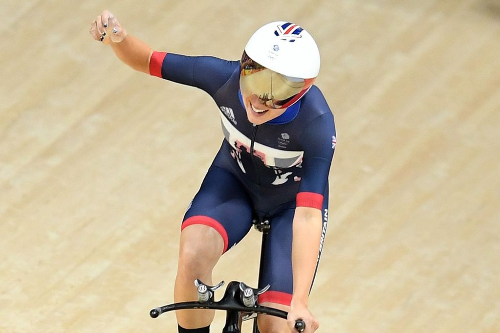 Laura Trott celebrates a world record in the Women's Team Pursuit Track Cycling Qualifying