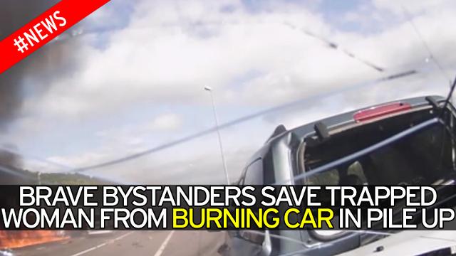 Quick-thinking bystanders save woman from burning car in 10 vehicle pile