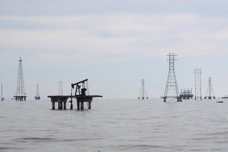 An oil pump is seen in Lake Maracaibo